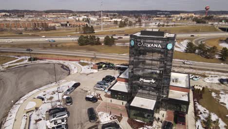 Cars-retailer-Carvana-having-legal-issues,-aerial-orbit-view-of-office-building