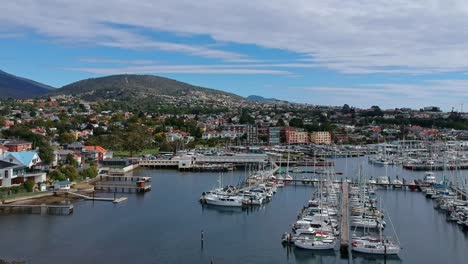 Hobart,-Tasmania,-Australia---20-March-2019:-Establishing-shot-of-Hobart-over-the-Derwent-Sailing-Squadron-in-Hobart