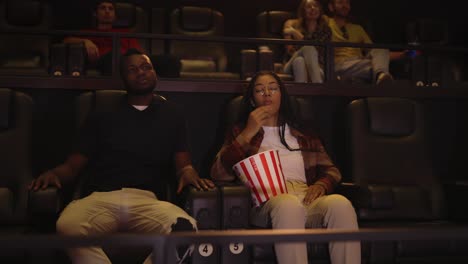 African-American-young-couple-sitting-in-movie-theatre-watching-film-and-taking-popcorn