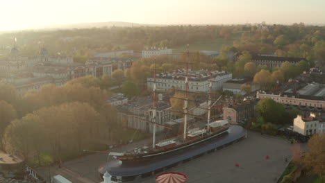 Aerial-shot-over-the-Cutty-Sark-ship-towards-Greenwich-Park-and-observatory