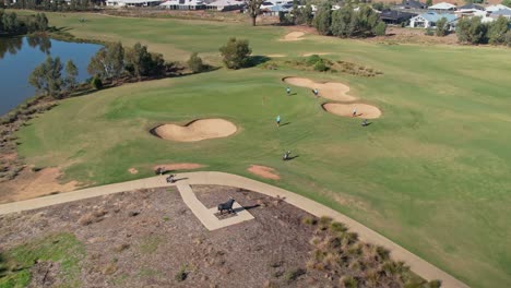 Yarrawonga,-Victoria,-Australia---18-April-2023:-Rising-view-of-a-golfer-playing-a-bunker-shot-at-the-Black-Bull-Golf-Club-at-Yarrawonga