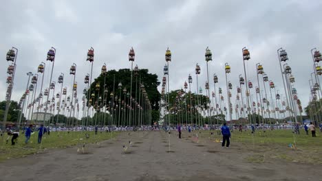 Rows-of-Javanese-turtledoves-in-a-caged-bird,-during-a-singing-competition-for-Javanese-turtledoves-in-Yogyakarta's-southern-square