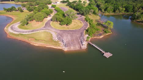 Aerial-footage-of-the-boat-ramp-in-Copperas-Branch-Park-in-Highland-Village-Texas