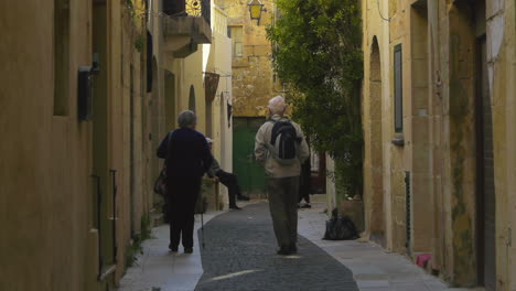 Eine-Gruppe-Alter-Touristen-Entdeckt-Die-Engen-Gassen-Der-Stadt-Victoria-Gozo-Auf-Malta