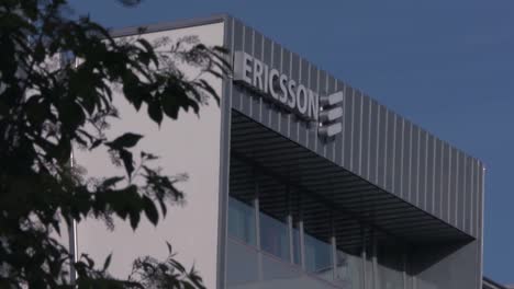 Close-up-view-of-buildings-with-logo-of-wireless-communication-company-Ericsson-on-the-outside