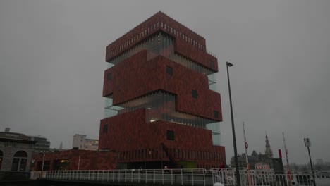 Modern-Museum-aan-de-Stroom,-Overcast-Day,-Antwerp,-Belgium,-STATIC
