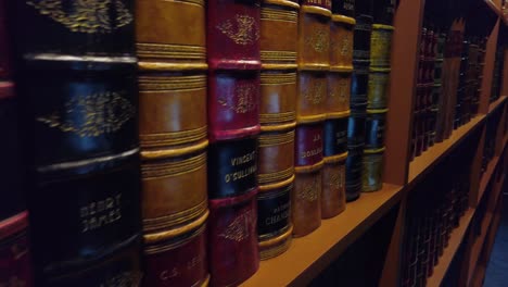 tracking-shot-of-a-book-shelf-with-old-historic-leather-covered-books-of-Irish-authors-in-dark-cozy-ambient-light