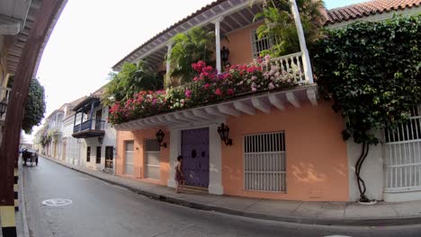 A-woman-wearing-a-dress-runs-towards-a-purple-door-of-a-colorful-house-with-balconies-and-flowers-on-a-street-of-the-old-town-of-Cartagena-de-Indias,-Colombia