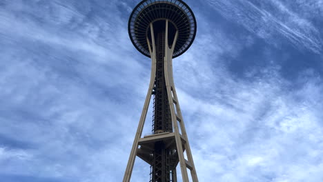 Slow-upward-tilt-of-Space-Needle-in-Seattle