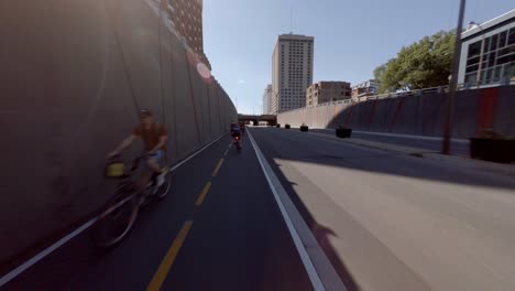 POV-Cycling-Along-Reseau-Express-Velo-In-Montreal-On-Empty-Road-In-Canada