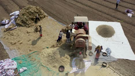 Rajkot,-Gujarat,-Indien:-Luftdrohne-Schoss-Von-Oben-Nach-Unten-über-Landarbeiter,-Die-An-Einem-Sonnigen-Tag-Weizenbündel-In-Einer-Dreschmaschine-Schieben,-Um-Getreide-Vom-Schalenstroh-Zu-Trennen