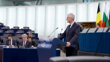 Representative-speeching-inside-the-European-Parliament-in-Strasbourg,-France---Close-up