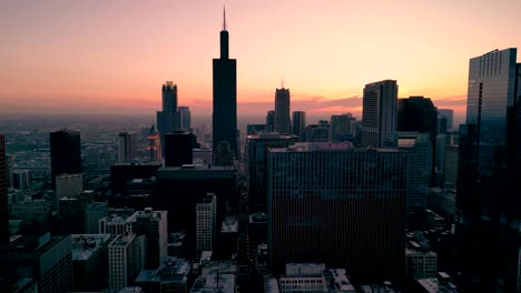 Aerial-sunset-of-downtown-Chicago-and-Willis-Tower