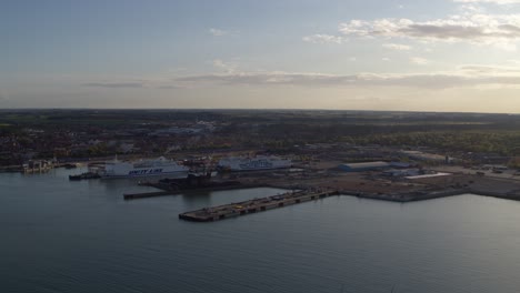 Passenger-Ferries-Docked-At-The-Ystad-Harbour-At-Sunrise-In-Ystad,-Sweden
