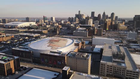 Little-Caesars-basketball-arena-and-cityscape-of-Detroit,-aerial-view