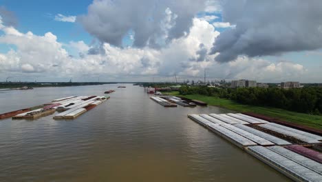 Aerial-footage-of-cargo-and-barges-on-the-Mississippi-River-in-Baton-Rouge-Louisiana