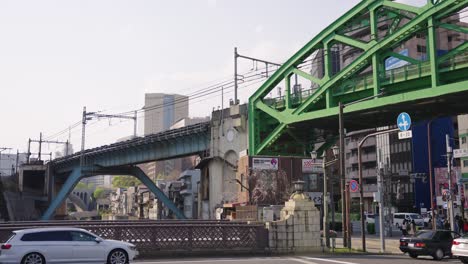 Train-Tracks-and-Bridges-over-Akihabara-City-in-Tokyo,-Japan