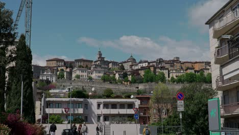 Distant-View-Of-Medieval-Hilltop-Neighborhood-Of-Citta-Alta-On-A-Sunny-Day-In-Bergamo,-Italy