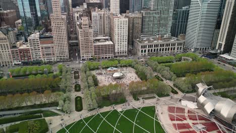 Aerial-view-of-Cloud-Gate-at-Millenium-Park-and-downtown-Chicago