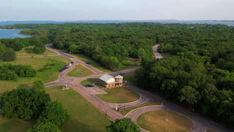 Editorial-Aerial-footage-of-the-gatehouse-at-Westlake-Park-on-Lake-Lewisville-in-Hickory-Creek-Texas