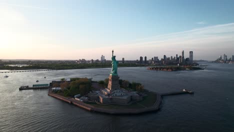 Super-long-panoramic-drone-shot-of-the-Statue-of-Liberty-and-NYC