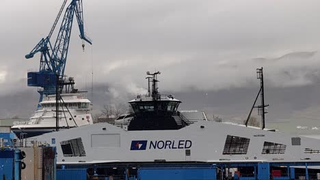 Lots-of-water-vapor-is-coming-from-Hydrogen-powered-ship-HYDRA-from-Norled-company-while-using-Fuel-cells---Handheld-static-clip-while-ship-is-in-Shipyard-for-maintenance