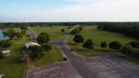 Editorial-Aerial-footage-of-the-parking-lot-in-Westlake-Park-in-Hickory-Creek-Texas-on-Lake-Lewisville