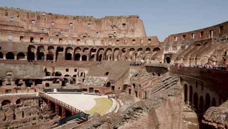 Slow-view-inside-the-Roman-Colosseum-Arena-Floor-in-Rome,-Italy