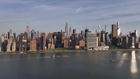 An-aerial-establishing-shot-of-Manhattan-east-side-in-New-York-City-on-a-sunny-day