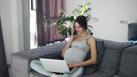 Mujer-Embarazada-Usando-Una-Computadora-Portátil-Y-Hablando-Por-Teléfono-Móvil-En-El-Sofá