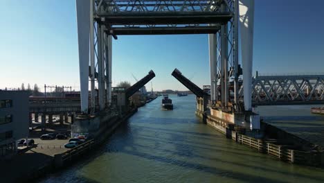Stunning-Shot-Of-Bridge-Opening-For-Fenny-Vessel-Coming-Into-Port,-Dordrecht,-Netherlands
