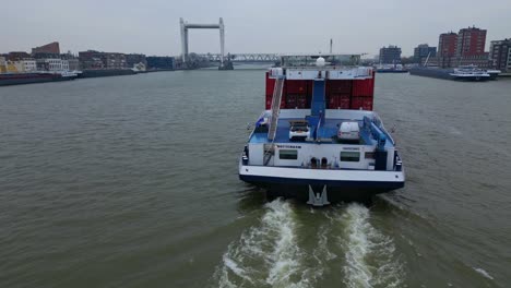 Rear-Shot-Of-Belicha-Cargo-Ship-Cruising-Dordrecht-Sea,-Netherlands