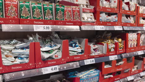 Christmas-Favorina-products-on-shelves-in-Lidl-supermarket-festive-holiday-specialties-candy-chocolate-and-baked-goods-close-view-in-November-2020-in-Romania-Eastern-Europe-country