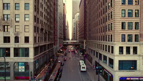 Chicago-downtown-streets-aerial-at-the-sunset.--Editorial