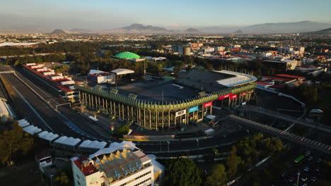 Drone-shot-approaching-the-stage-at-the-Foro-Sol-Venue,-sunset-in-Mexico-city