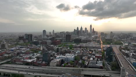 Aerial-orbit-of-Philadelphia-skyline-during-sunset