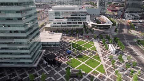 Outdoor-Summer-Music-Festival-with-local-artists,-public-gathering-at-Transit-City-Hub-Urban-Plaza-in-Vaughan-Ontario