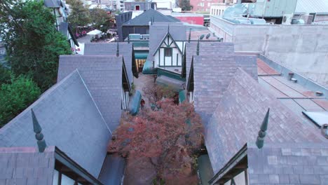 Aerial-Drone-Fly-Above-Symmetrical-Sloped-Roof-Houses-through-a-Pathwalk-with-People-Walking-Calmly-in-Santiago-de-Chile
