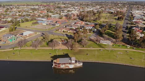 Yarrawonga,-Victoria,-Australia---13-July-2021:-Aerial-view-of-paddle-steamer-Cumberoona-moored-at-the-Lake-Mulwala-foreshore-in-Yarrawonga-Victoria