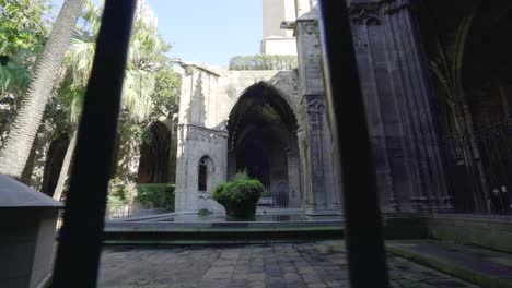 Wide-shot-of-church-courtyard-of-Barcelona-Cathedral-sightseeing