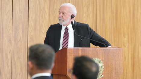 Brazilian-President-Luis-Inacio-Lula-da-Silva-at-a-press-conference-in-Brasilia,-Brazil