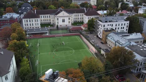 Tartu-like-Europe,-big-green-stadium-between-houses-in-city-main-downtown-district
