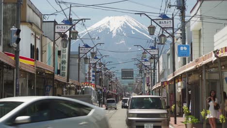 Shimoyoshida-Honcho-Street-full-of-traffic-Mount-Fuji-Yamanashi-Japan-cinematic-view-on-a-sunny-day