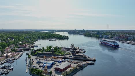 Viking-Line-cruise-boat-departed-Stockholm-and-are-heading-for-Marieholm-before-Finland-and-Estland---Summer-aerial