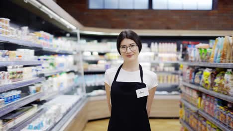 Portrait-of-and-attractive-young-Asian-saleswoman-in-a-black-apron-standing-in-a-supermarket-with-shelves-of-dairy-products-in