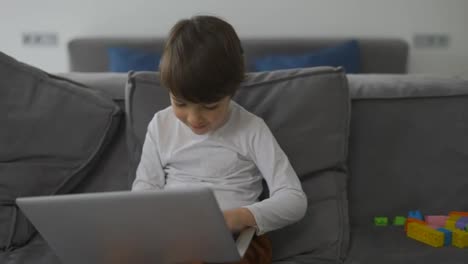 Kleiner-Süßer-Junge-Benutzt-Einen-Laptop,-Der-Allein-Auf-Dem-Sofa-Sitzt