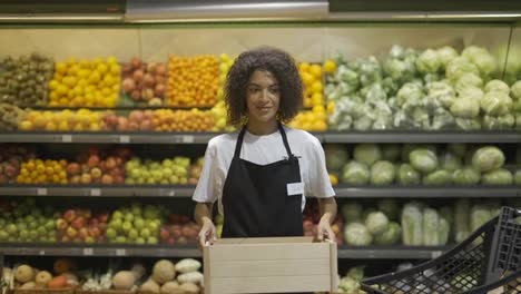 Schöne-Lächelnde-Junge-Supermarktangestellte-In-Schwarzer-Schürze,-Die-Eine-Kiste-Hält