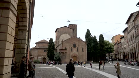 View-Of-Piazza-Santo-Stefano-With-Basilica-of-Santo-Stefano-In-The-Background-In-Bologna-With-Tourists
