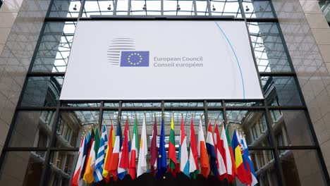 European-Council-banner-sign-inside-the-EU-Justus-Lipsius-building-in-Brussels,-Belgium