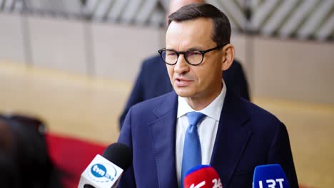 Prime-Minister-of-Poland-Mateusz-Morawiecki-pointing-his-finger-during-the-European-Council-summit-in-Brussels,-Belgium---Close-shot